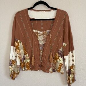 Miss Me Womens Small Patchwork Lace Up Crop Top Boho Country Prairie Cottage